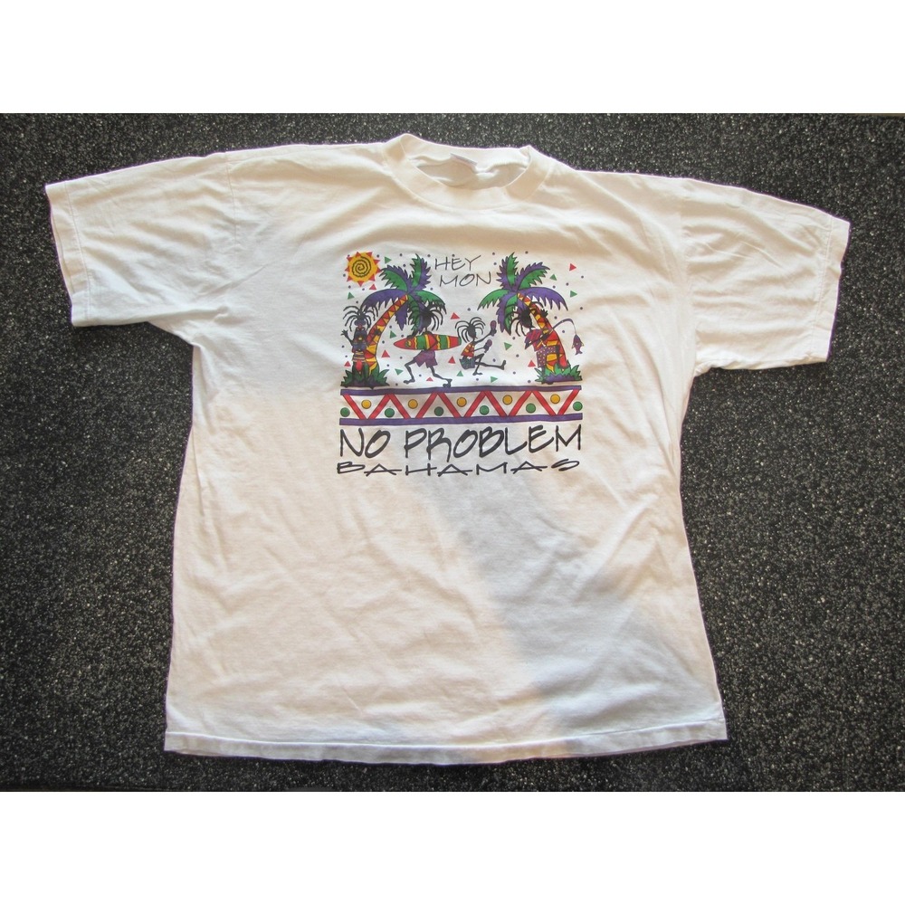 Vtg Dorsett Sportswear Shirt Mens 2XL White Hey Mon No Problem Bahamas Graphic